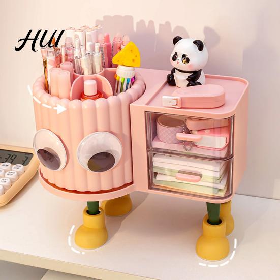 Children Stationery Organizer Cute Rotating Pen Holder with Drawer 2-in-1 Large Capacity Desktop Sorter for Kids Girls Multifunctional Storage