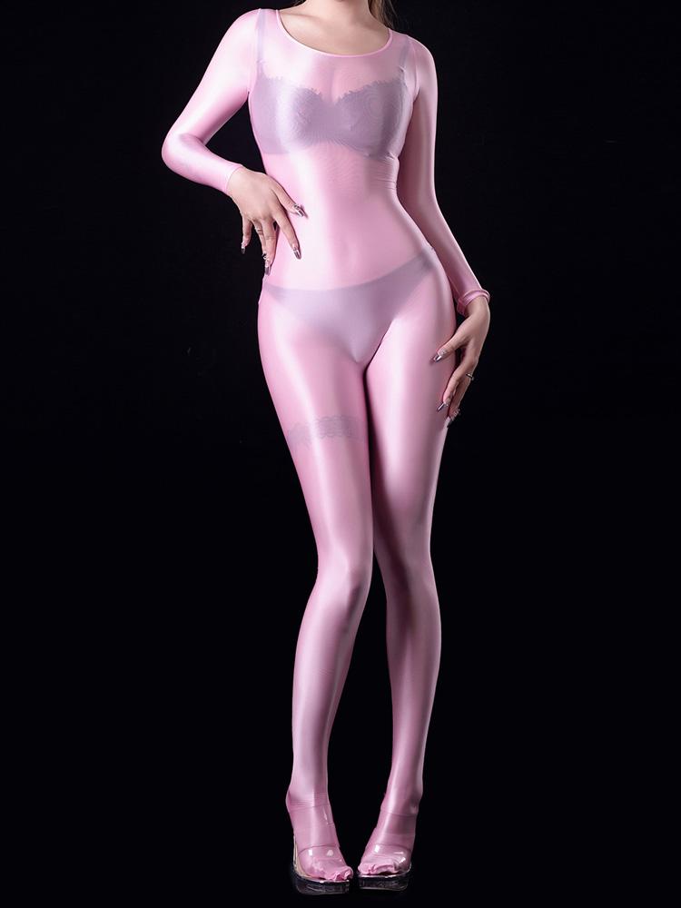 Cosplay Sexy Oil Glossy Elastic Bodysuit Bodycon Rompers One-Piece Thong Silky Maid Tights Satin Jumpsuits Candy Color Leotard