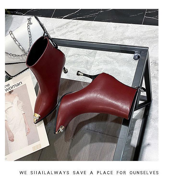 Cowhide 2025 Winter New Short Boots Women's Anti-kick Internet Celebrity High-heeled Fashion Boots Thin Heel Pointed Rhinestone Martin Boots