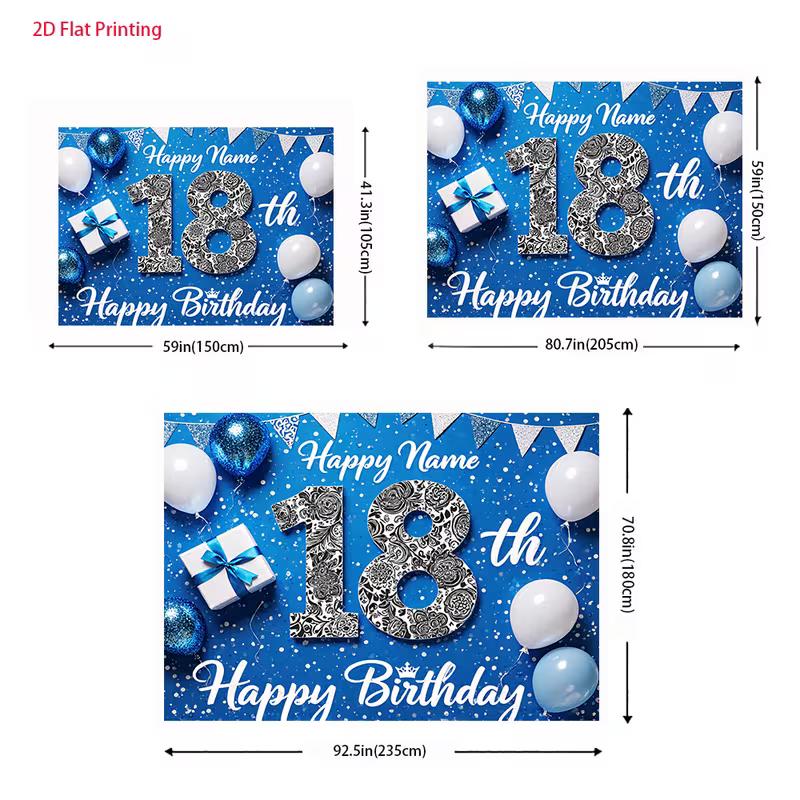 2D Blue & White Balloon Happy 18th Birthday Photography Background Cloth