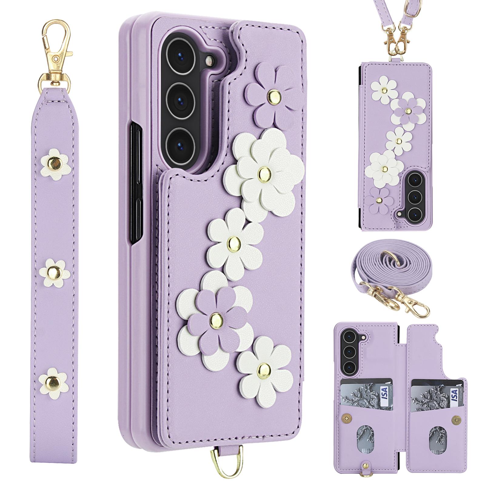 

For Samsung Galaxy Z Fold6 5G Case Card Slots Leather Coated TPU Flower Phone Cover with 2 Straps Purple