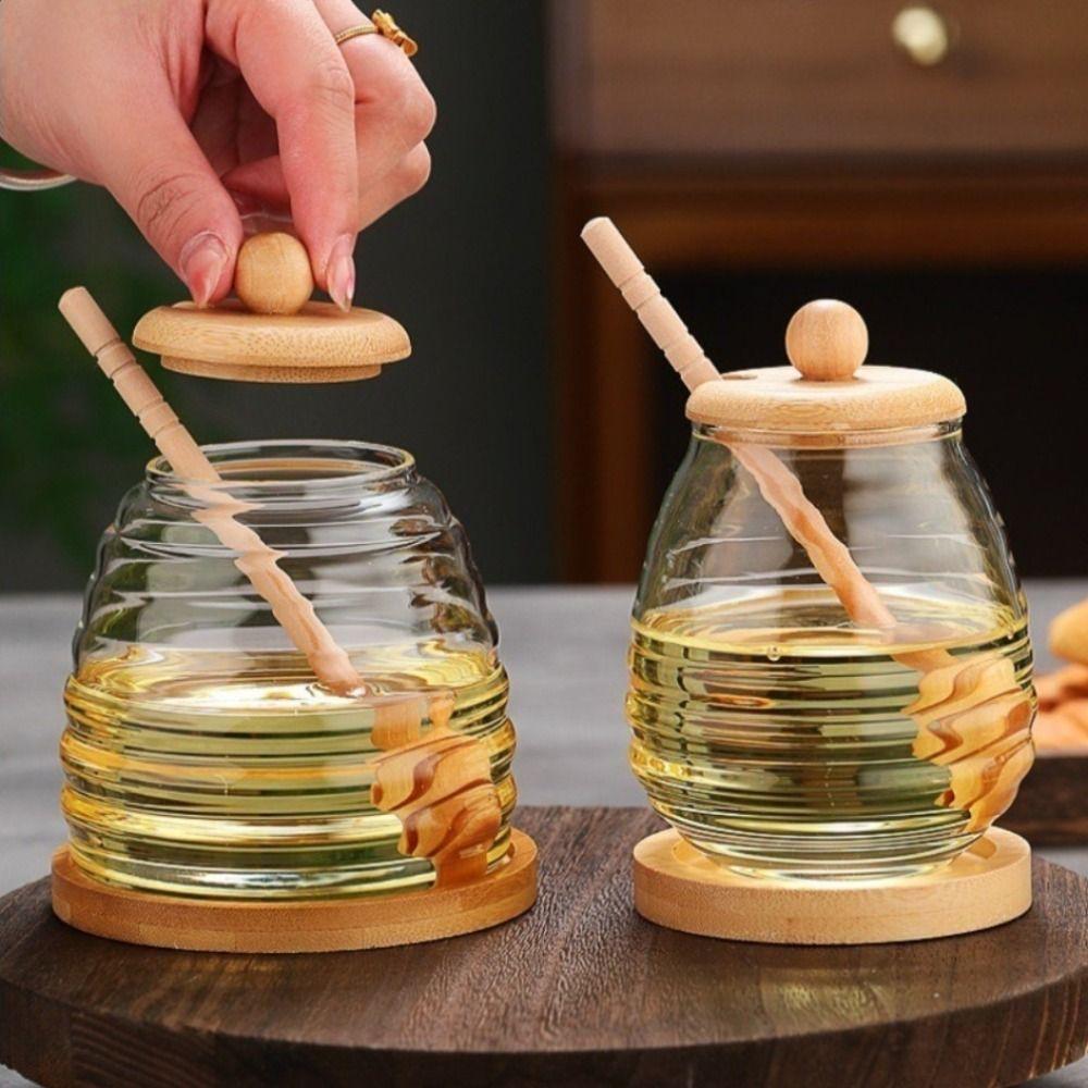 Transparent Glass Honeycomb Tank with Dipper and Lid Large Capacity Honey Storage Container Elegant Easy To Clean Honey Bottle