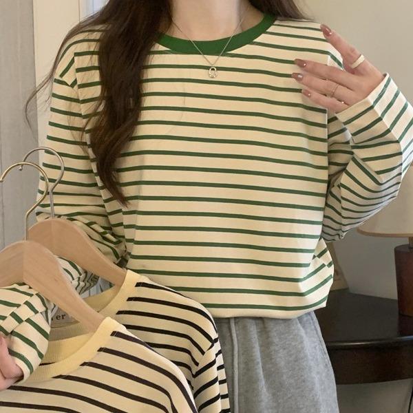 In Stock Loose Slim Versatile Black White Stripe Base Layer Thin Round Neck Long Sleeve Tee Women