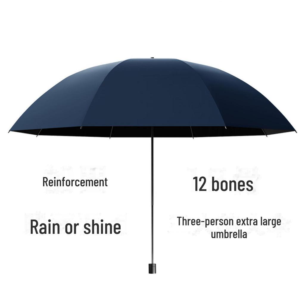 Twelve-Bone Folding Sunshade Umbrella - Large, Black, Logo-Printed for Sun and Rain Protection