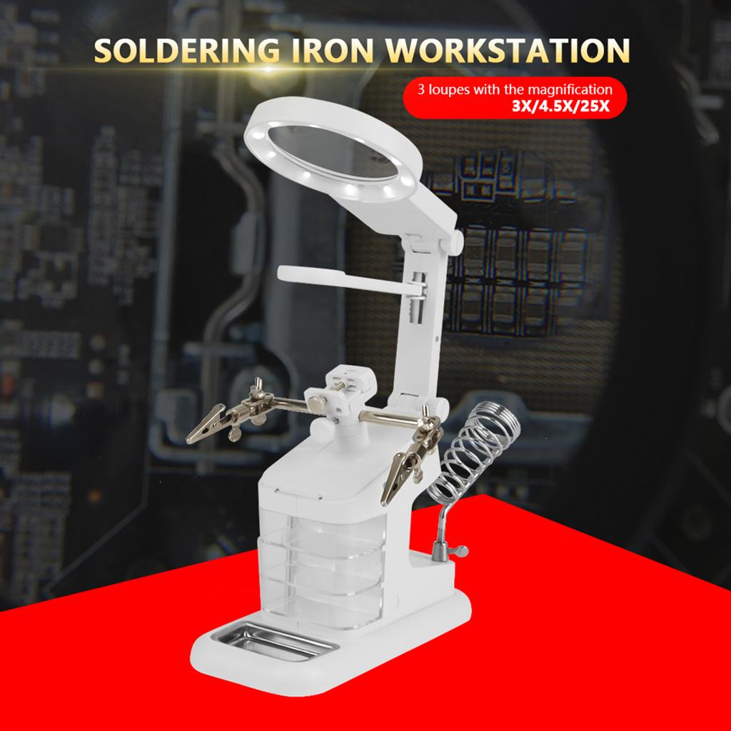 USB Electric Soldering Iron Workstation with 3X 4.5X 25X Loupe LED Lights Board Clips (White)