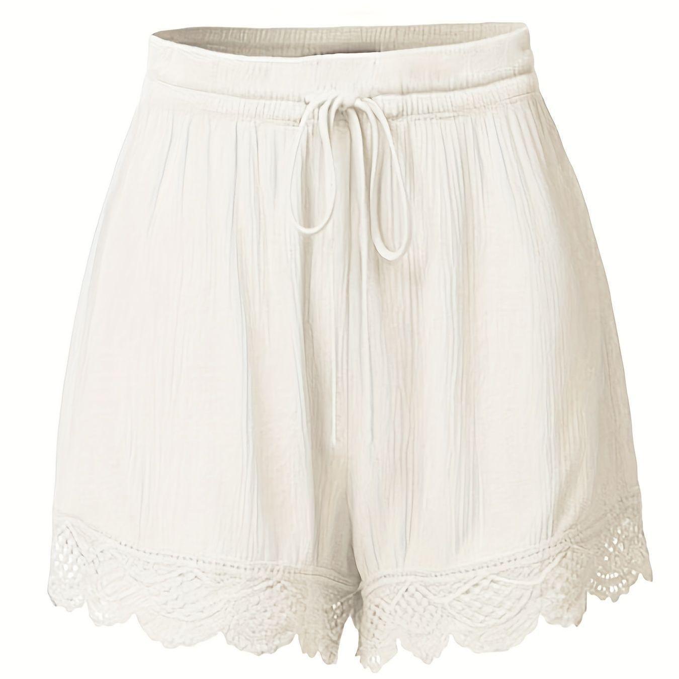 Plus Size Mid-Waist Lace-Trim Tie-Waist Casual Women s Shorts 3XL