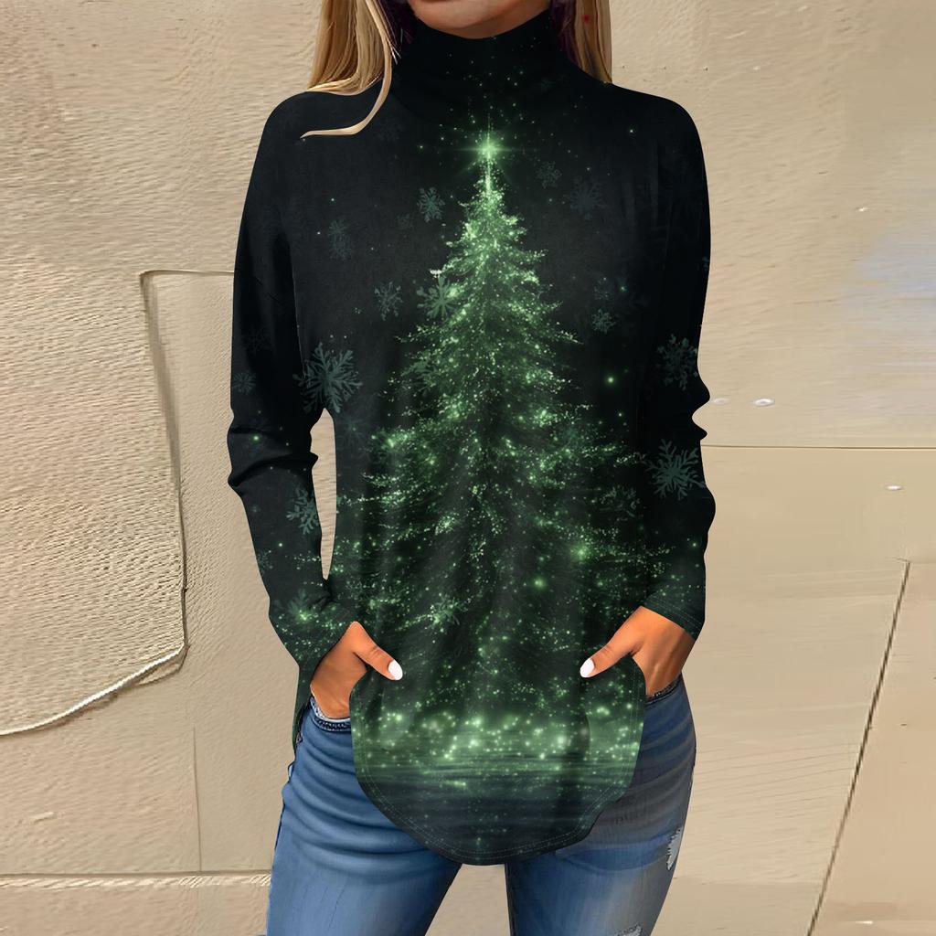 Women's Fashionable Loose-Fit High-Neck T-Shirt With Christmas Print Long-Sleeved Top