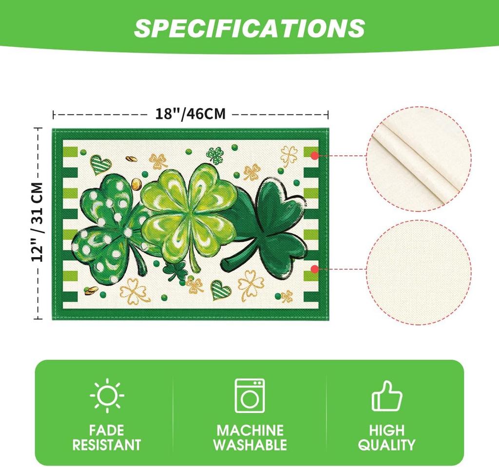 Four Leaf Clover Shamrocks St. Patrick's Day Placemats Set of 4, 12x18 Inch Seasonal Spring Table Mats for Party Kitchen Dining Decoration