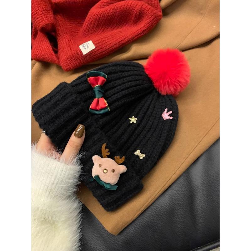 Red Christmas Woolen Hat Autumn and Winter Korean Style Versatile Face Showing Small Knitted Hat Big Head Warm Hat Women