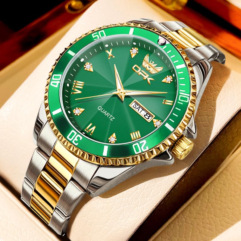 Montre à Quartz OPK avec Date Montre Classique en Acier Inoxydable pour l'École ou Affichage Or Vert pour Homme, Étanche, Lumineuse, Élégante, Bureau, &