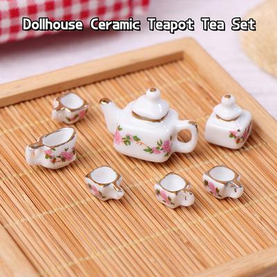 1Set 1:12 Puppenhaus Miniatur Keramik Teekanne Tee-Set Mini Keramik Kung Fu Tee-Set Wasserkocher Tasse Geschirr Modell Küche Dekor Spielzeug