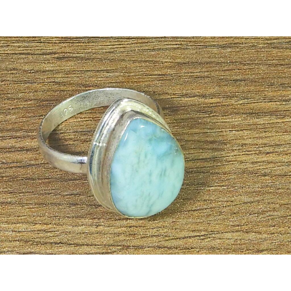 Natural Blue Larimar Solid 925 Sterling Silver Handmade Pear Ring Size US8.5 MK-05