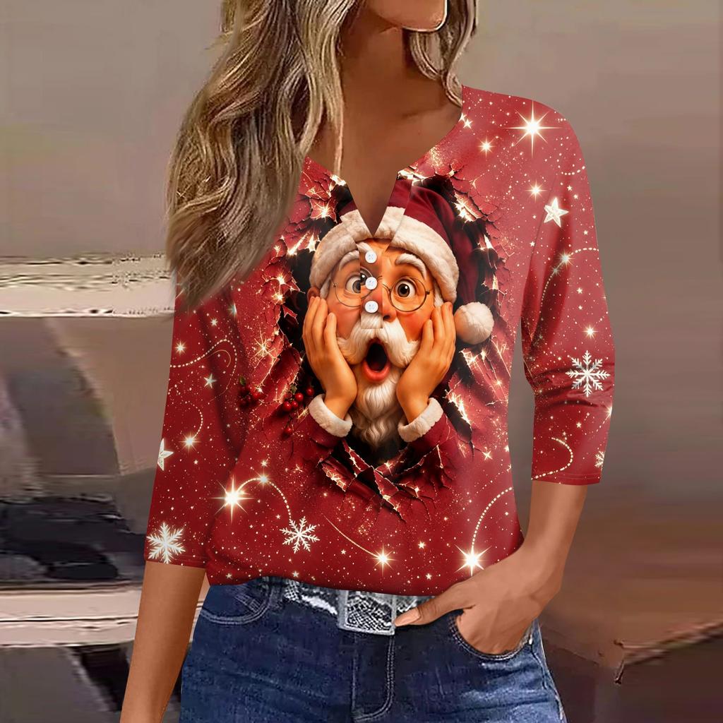 Women's Fashion Casual Christmas Print V-Neck 3/4 Sleeve Button T-Shirt Top