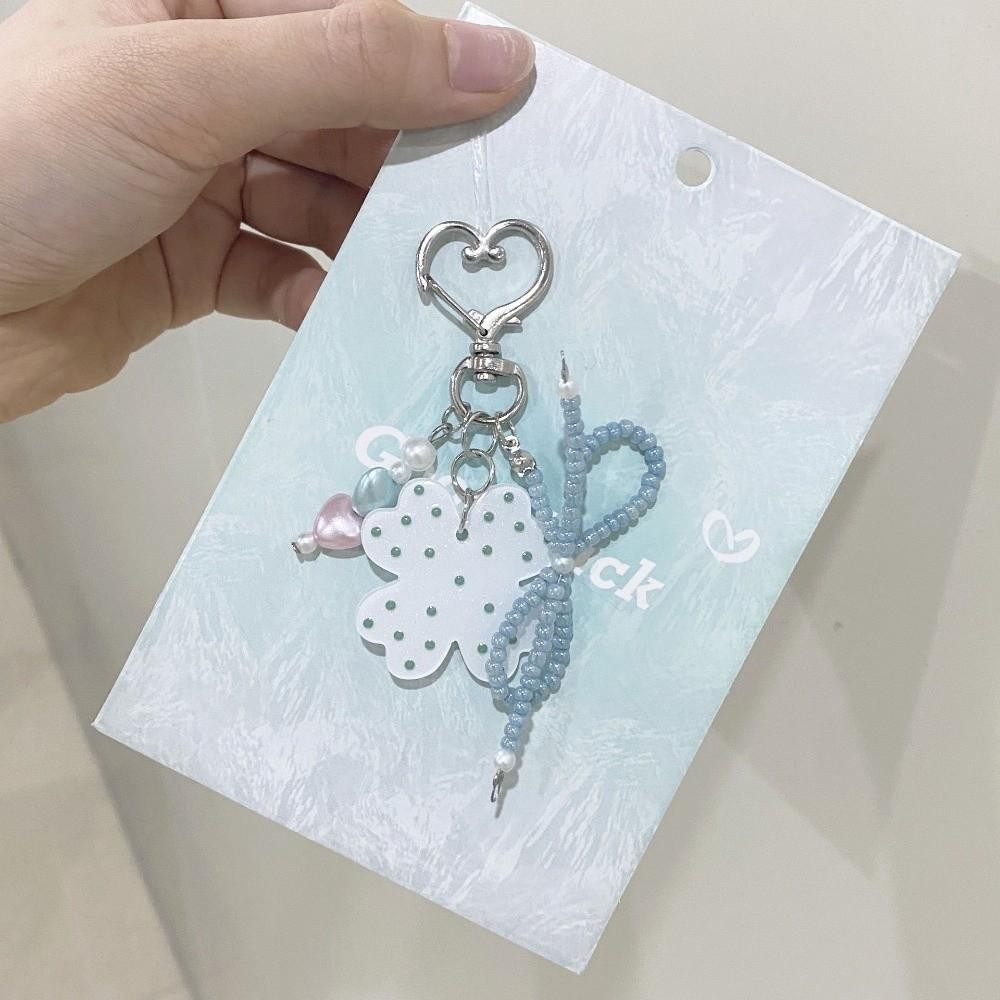 Heart Shape Bag Charm Beaded Bow Heart Pendant Aesthetic Four Leaf Clover Keychain  Daily Use