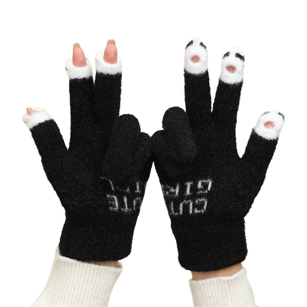 Knitted Touchable Screen Gloves Winter Full Finger Mittens Stretchy Warm Three Finger Exposed Gloves for Girls Teens