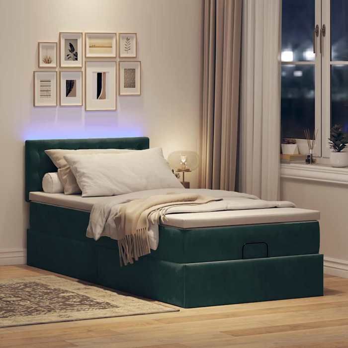 VidaXL Ottoman Bed with Mattress and LED Dark Green 90x200cm Velvet 3312743