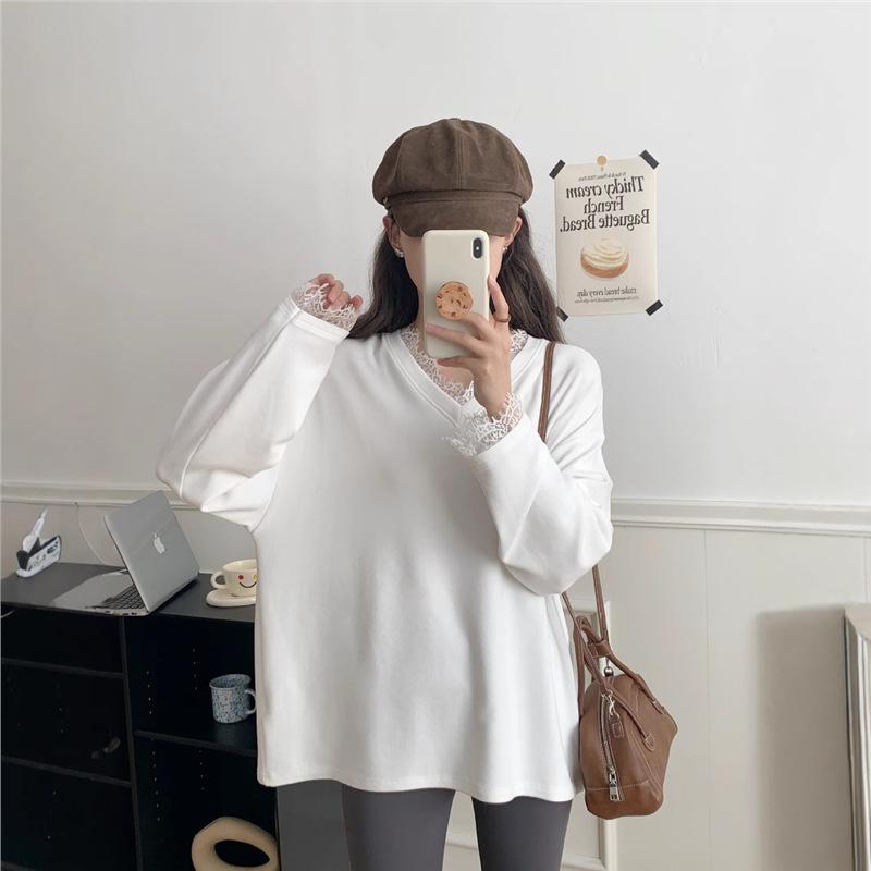 

Сладкий осенне-зимний топ свободного кроя с V-образным вырезом и кружевной отделкой L белый