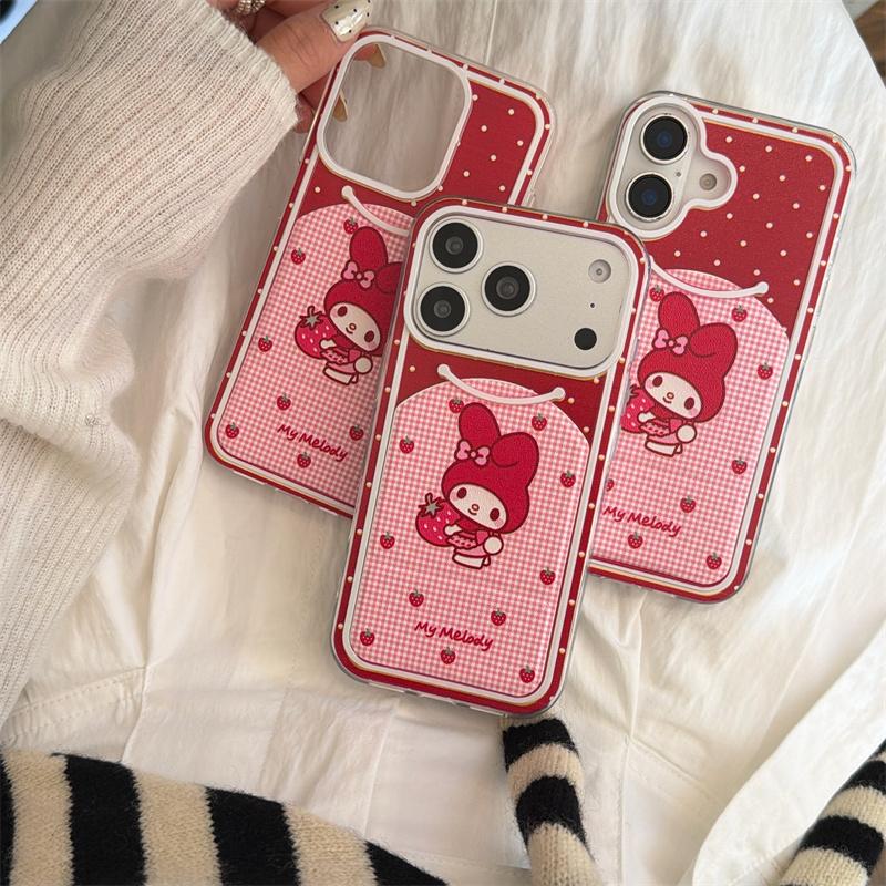 Aesthetic Red Strawberry My Melody Phone Case For iPhone 17 16 15 14 Pro Max Cute Polka Dot Gingham Stand Protective Cover for W