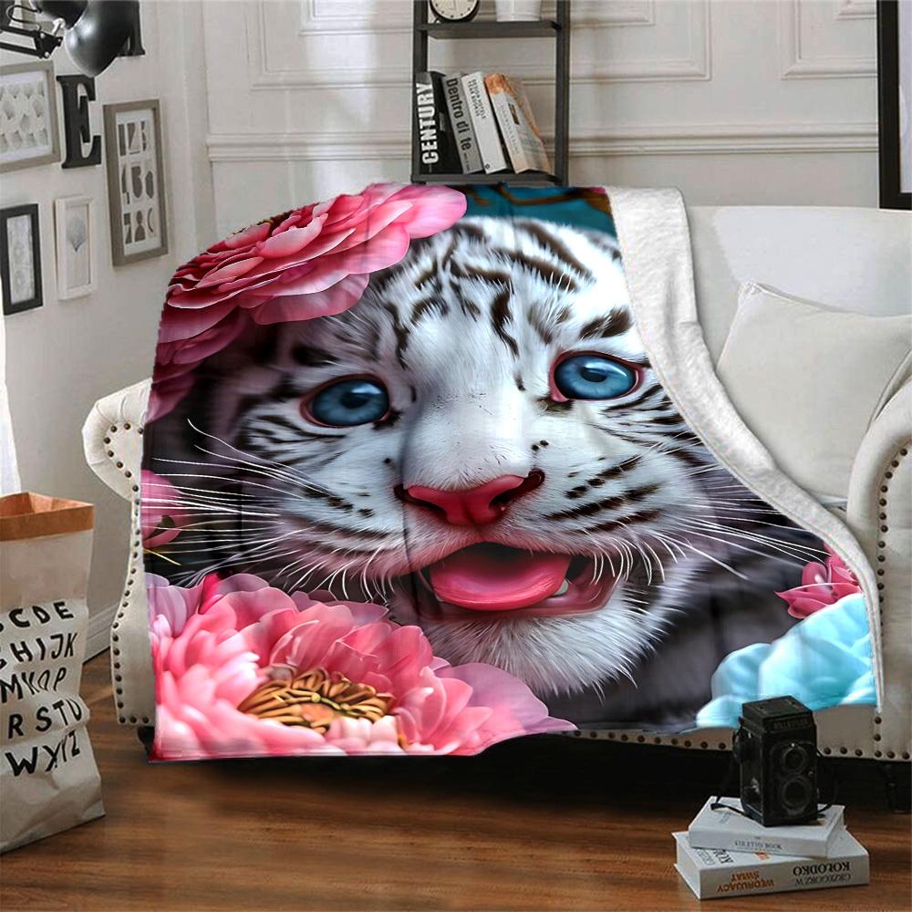 1pc Tiger Cub Flowers Blanket Lightweight Flannel Blanket Throw Blanket For Sofa, Bed, Travel, Camping, Livingroom, Office yy251015153