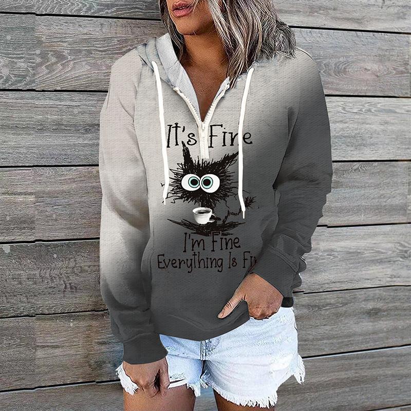 Women Plus Size Pullover Hoodie Long Sleeve Round Neck Cute Cat Cartoon Printed Sweatshirt