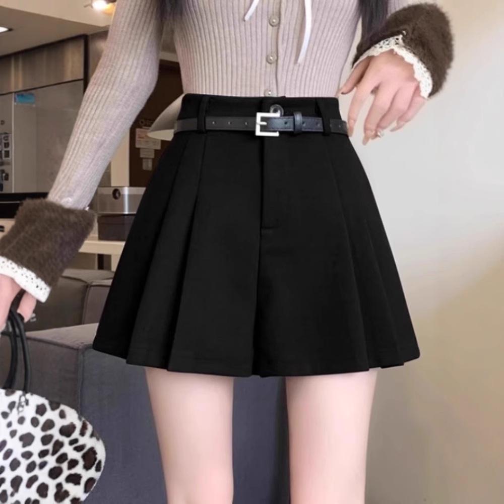 Dámské 2024 hnědé plisované vlněné šortky s vysokým pasem: Kalhotová sukně se širokými nohavicemi, podzimní/zimní styl