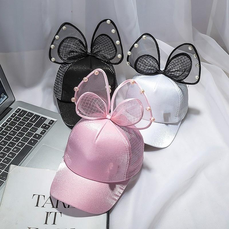 Big Bow Summer Kids Black White Pink Lace Floral Ear Baseball Caps With Children Sun Hats Princess