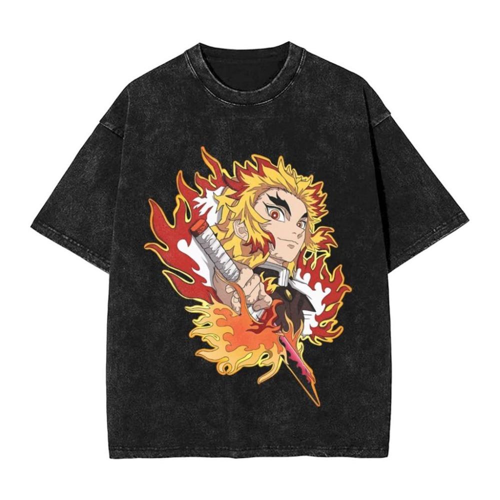 T-shirt Graphique Homme Demon Slayer Rengoku Kyoujurou Coton Street Washed Oversized