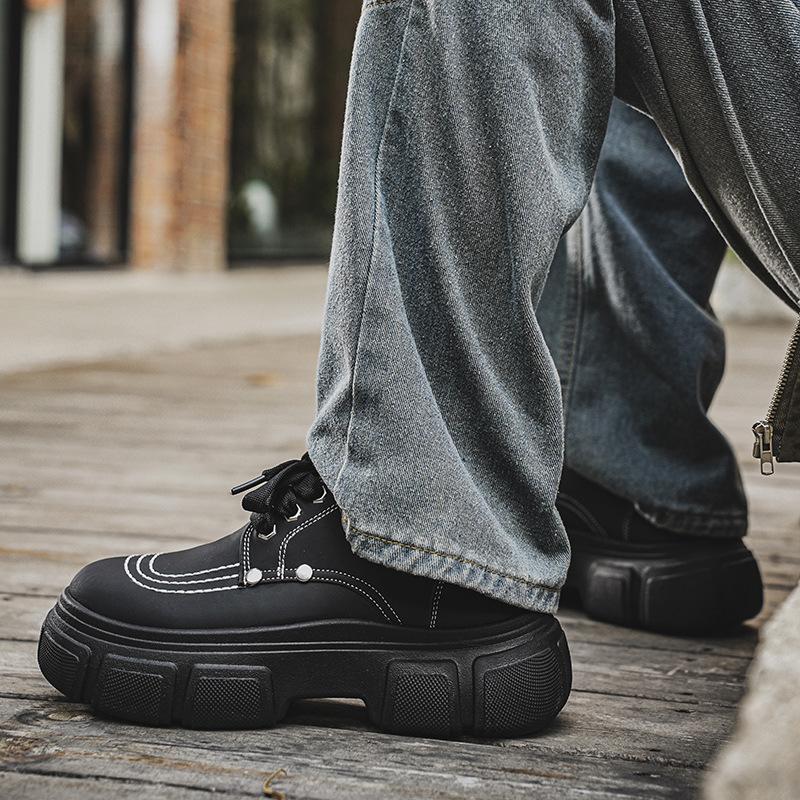 Derby Shoes Men's Autumn British Style Casual Leather Shoes Men's High Sense Sports Thick Sole Heightening Black Big Head Trendy Shoes