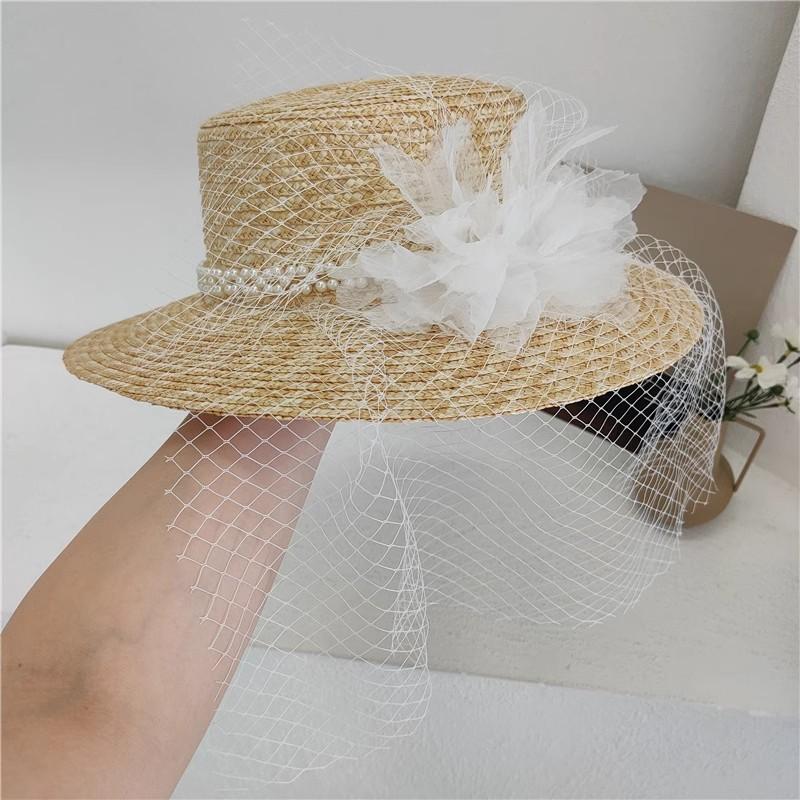 Ins Chic Summer Big Lace Flower Pearl Ribbon Natural Straw Lady Fedoras Cap Women Leisure Panama Jazz Hat