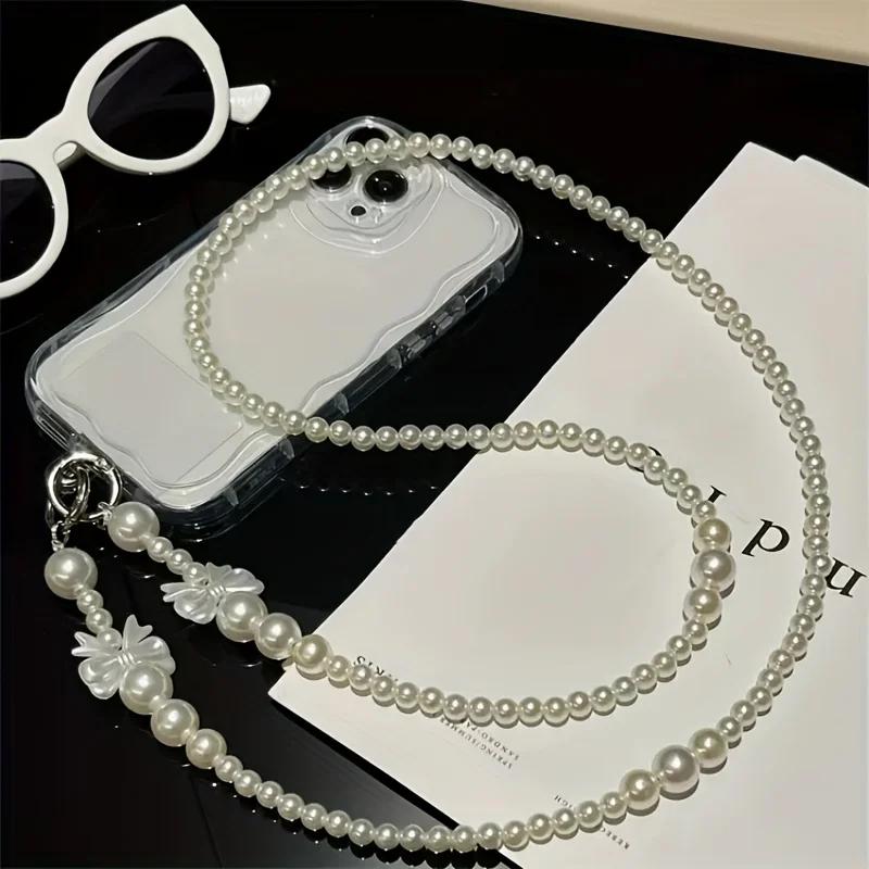 Fashion Pearl Bow Beaded Crossbody Phone Chain, Anti-Drop Long Hand Lanyard, Stylish Shoulder Strap for Women & Girls