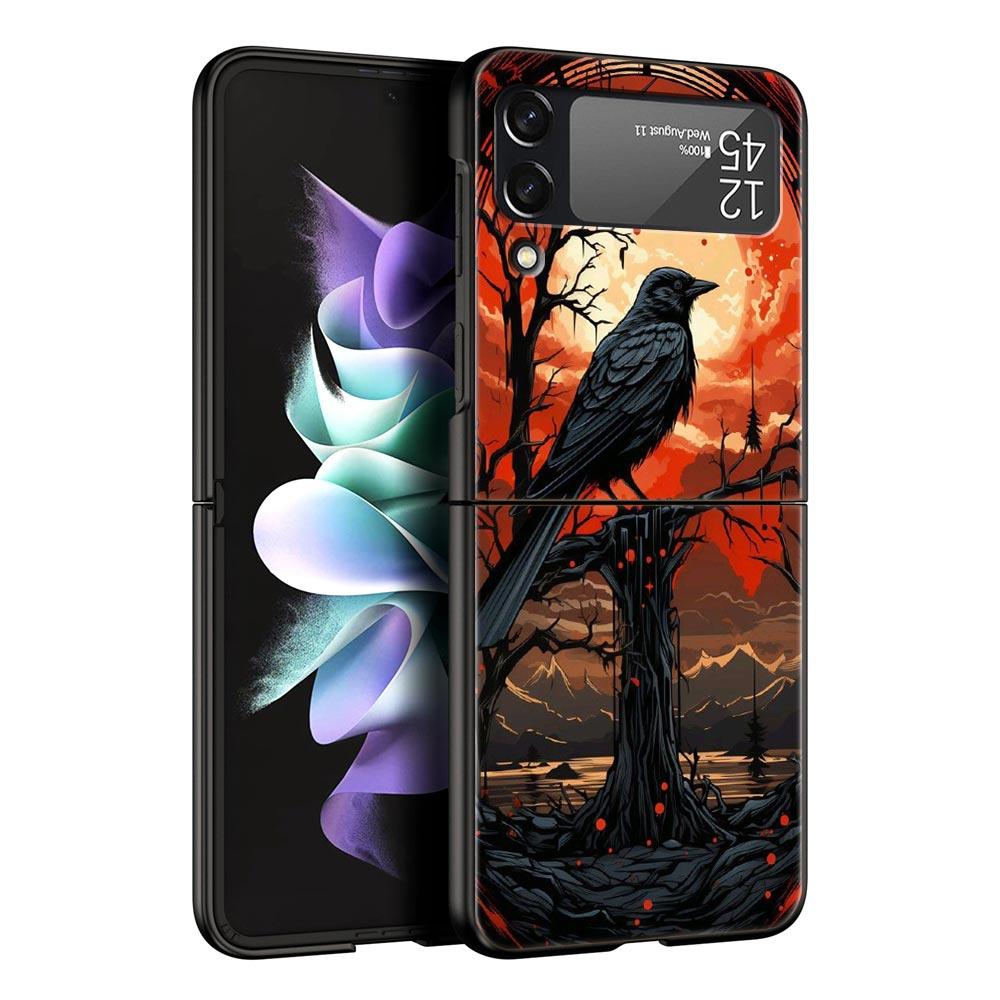 Black Raven Hard PC Phone Case For Samsung Galaxy Z Flip 7 6 5 4 Black Cover For Galaxy Z Flip 3 Foldable Shell Fundas Capas Bag