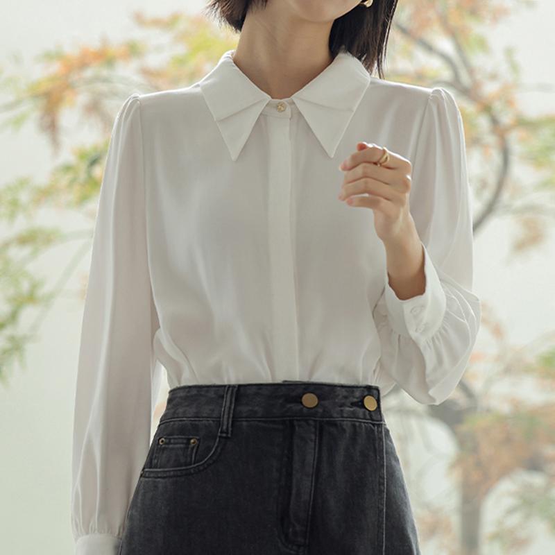 Женские блузки, рубашки, весна 2025, женская блузка с длинным рукавом, рубашка с отложным воротником, офисная женская белая блузка, рубашка, женские топы J848 S белый
