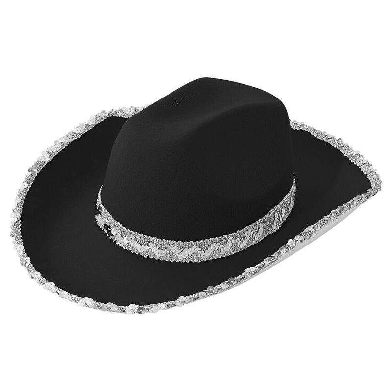 Shiny Sequin Cowboy Hat for Women Men Disco Party Western Jazz Hat Silver Trim Sparkly Cowgirl Hat Clubwear Festival Headwear