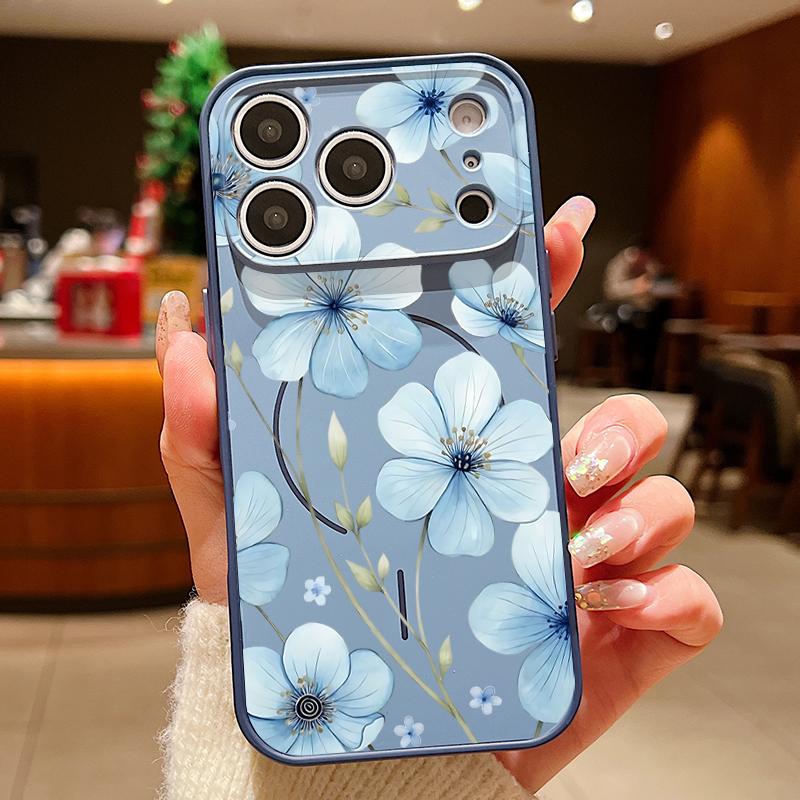 Lovely Sky-blue Flowers Pattern Case For iPhone 17 Pro Max Magnetic For Magsafe Skin Feeling Cover For iPhone 16 15 14 13 Pro Max