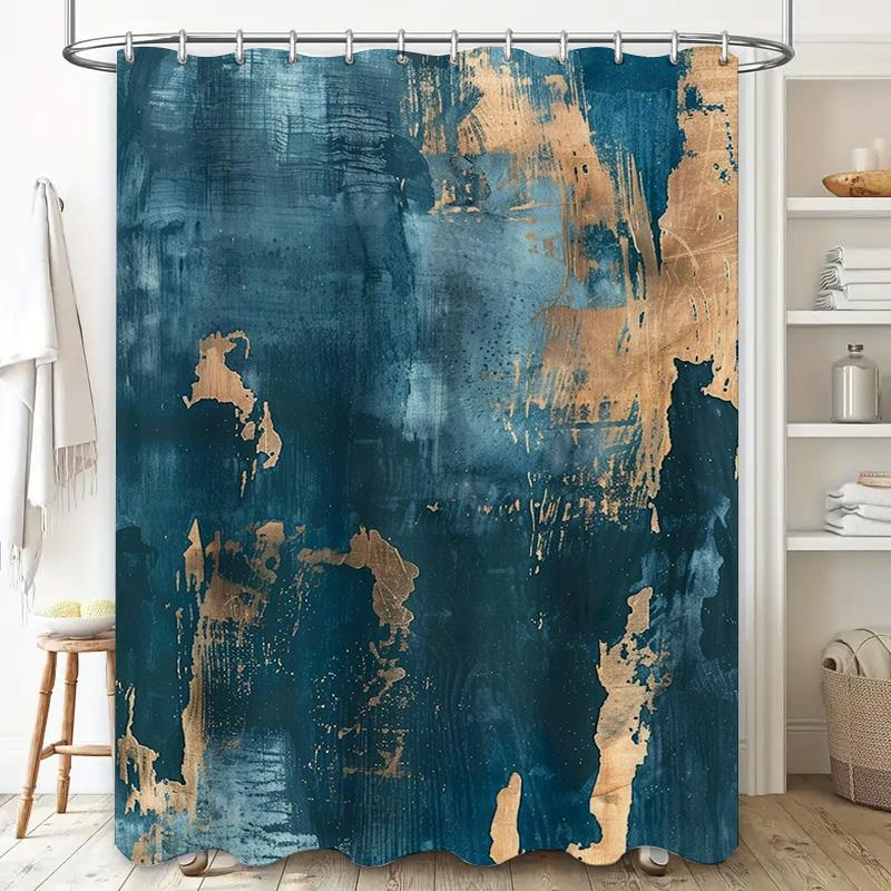 Luxury Blue Gold Artistic Shower Curtain for Bathroom Decor Custom Size Available