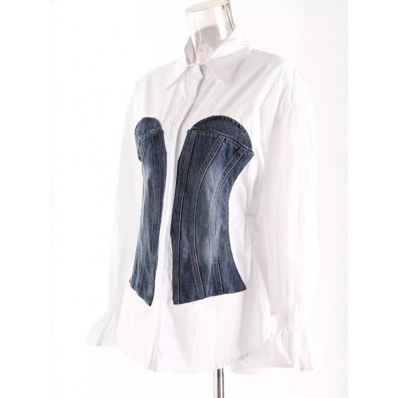 Nischen-Design Frühling 2025 Colorblock Patchwork Denim Korsett Taillenformende Bluse für Damen