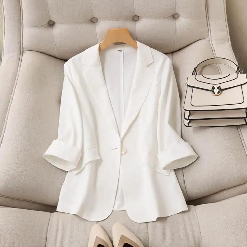 Women's Clothing Korean Style White Blazer Summer Loose Fit Waist Slimming Elegant Office Casual Comfortable