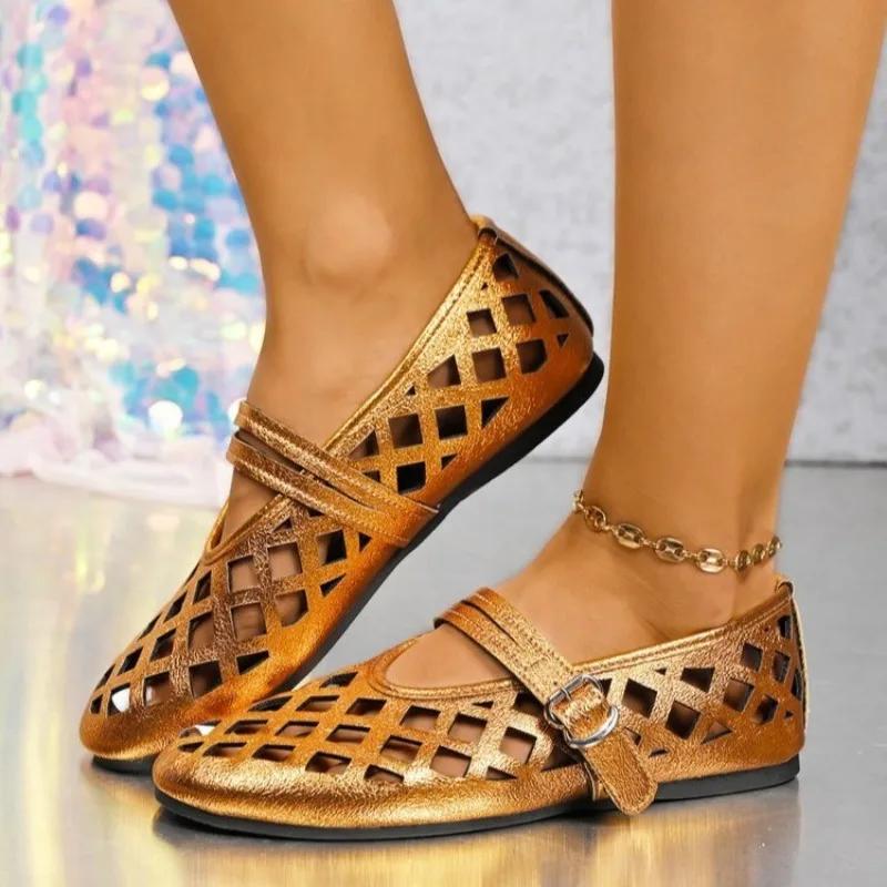 025 New  Buckle Strap Women's Flats Hollow Shoes Light Weight Comfortable Casual Slip-Ons Comfortable Flat Low Heels
