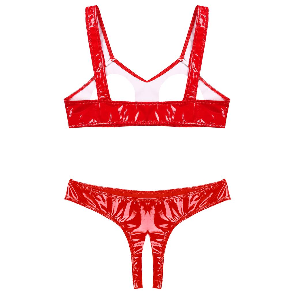 Women Ladies Bare Chest Sexy Lingerie Set Wet Look Patent Leather Underwear Suit Open Cups Bras with Crotchless Briefs Clubwear