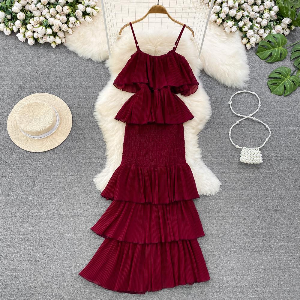 Women Hotsweet Chiffon Sundress Strap Cake Backless Sheath Bodycon Long Dress Vacation Retro Elastic Beach Dress