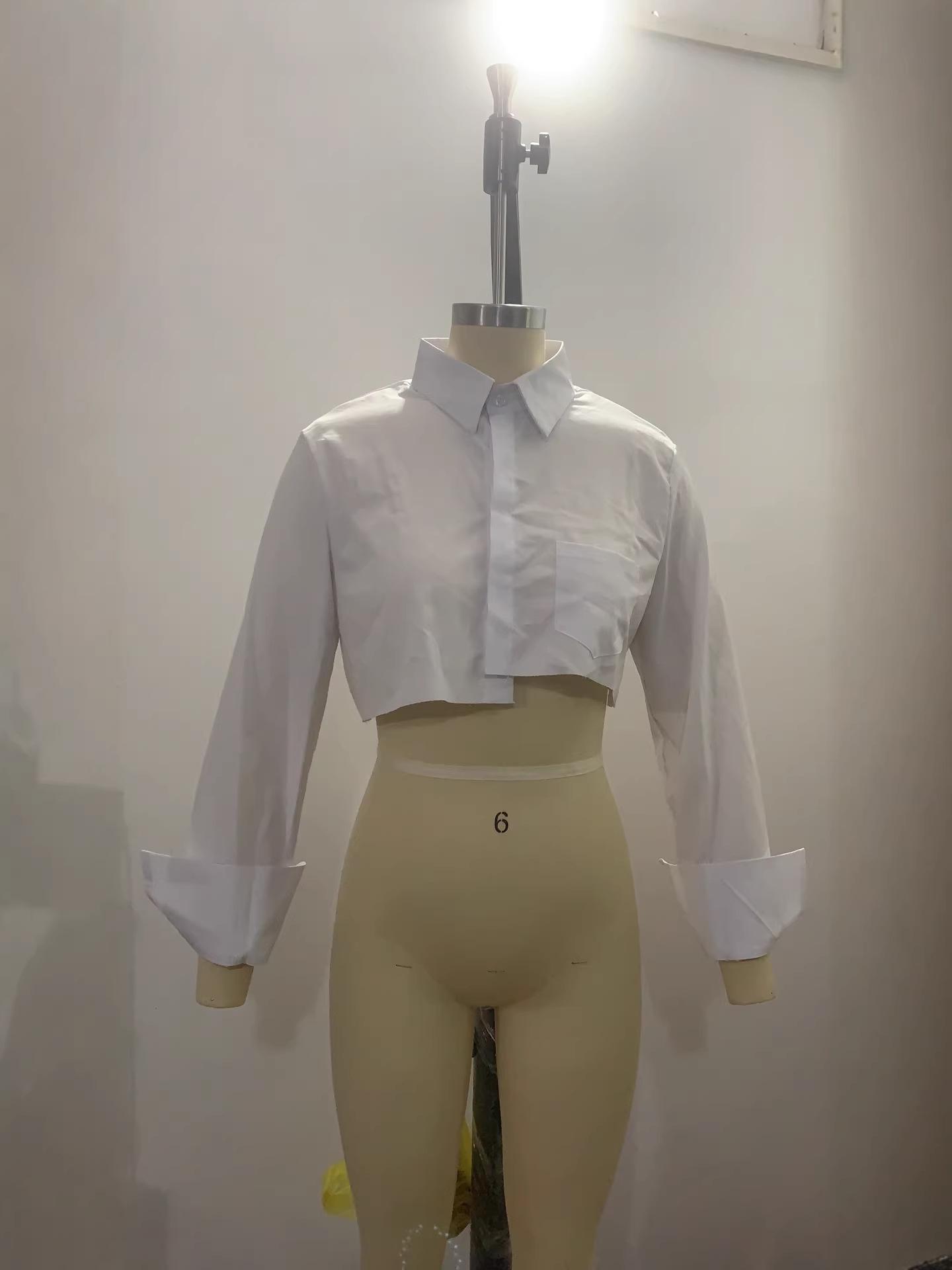 European and American Women s White Long-Sleeve Cropped Shirt XXL белый