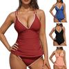 2 ks/Sada Dámský Tankini Set V-výstřih Nabrané Topy s Kontrolou Bříška Spodní Díly s Vysokým Pasem Barevně Blokující Plavky Letní Plážové Oblečení
