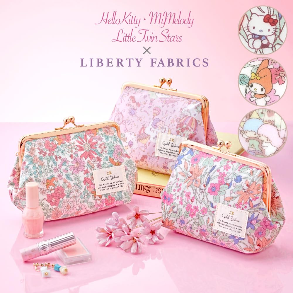 coin purse makeup pouch featuring Sanrio floral made in Hello Kitty Women's characters. Cute, stylish, self-standing, pattern, Japan. pink.