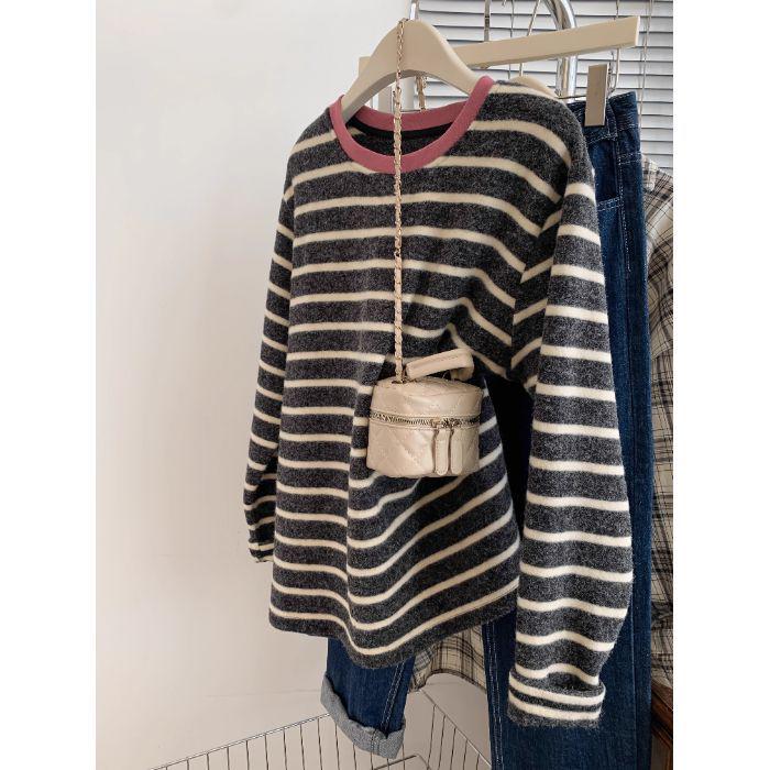 Plush Feel Korean Style Pink Striped Long Sleeve T-shirt for Women - Autumn/Winter Loose Fit