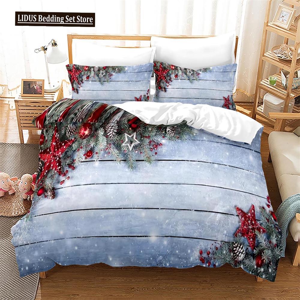 Christmas Duvet Cover Set King Size Snowflake Bells Pattern Festival Bedding Set Polyester Comforter Cover For Kids Boys Girls
