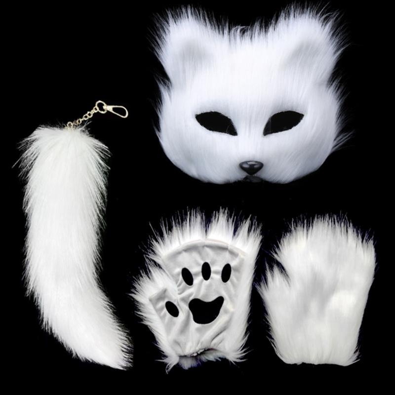 Animal Face Cover Foxes Tail Furry Gloves Plush Animal Tail Foxes Face Cover Paws Gloves for Halloween Cosplay Parties