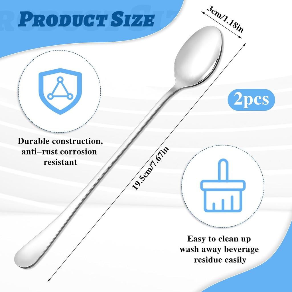 2 PCS Long Teaspoons for Stirring Ice Tea Spoons Stainless Steel Ice Cream Spoons Drink Mixing Spoon Long Silver Coffee Cocktail Mixing Spoon for