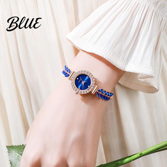 Quartz Movement Watch Women Rhinestone Leaf Round Dial Ladies Casual