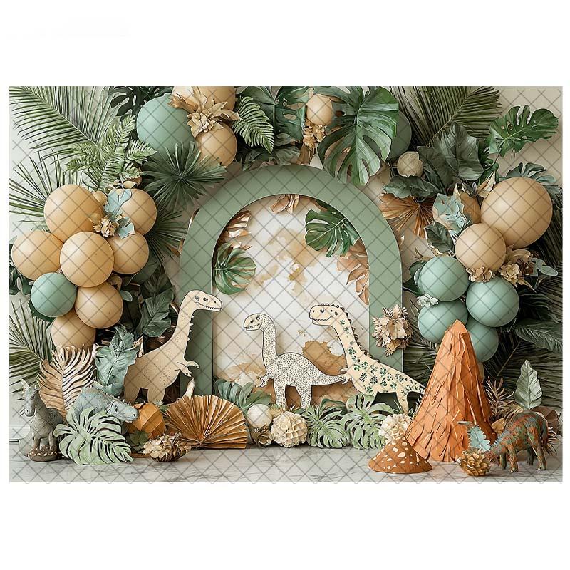 Dinosaur Theme Backdrop Photography Tropical Forest Arch Balloon Decor Birthday Cake Smash Kids Portrait Photo Background Studio