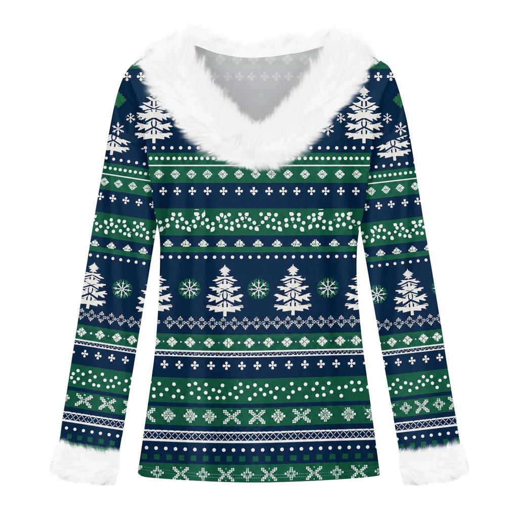 Women's Casual Long Sleeve Christmas Print Top with Plush Collar Holiday Tunic